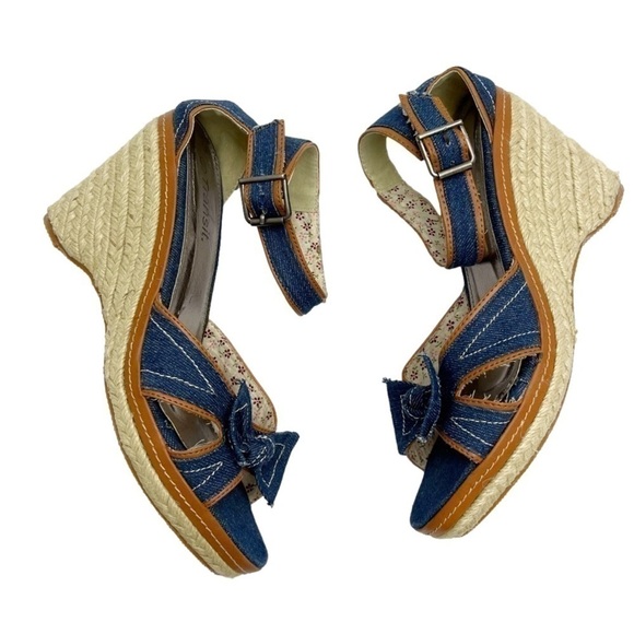 Denim jeans strappy wedges size 10.5 US Open back open toes bow tie - Picture 2 of 13